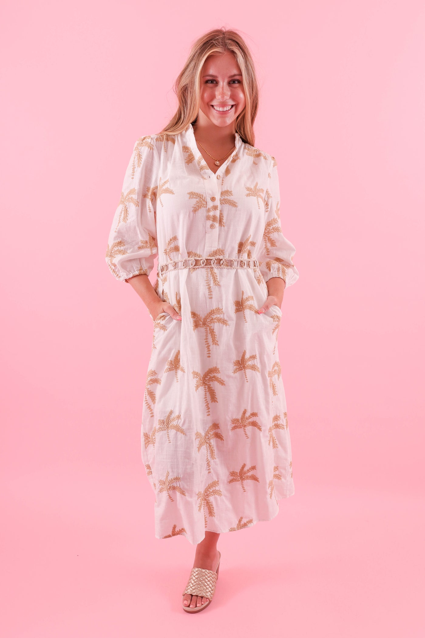 Embroidered Linen Midi Dress- Women's Palm Tree Dress- Ellison Dresses