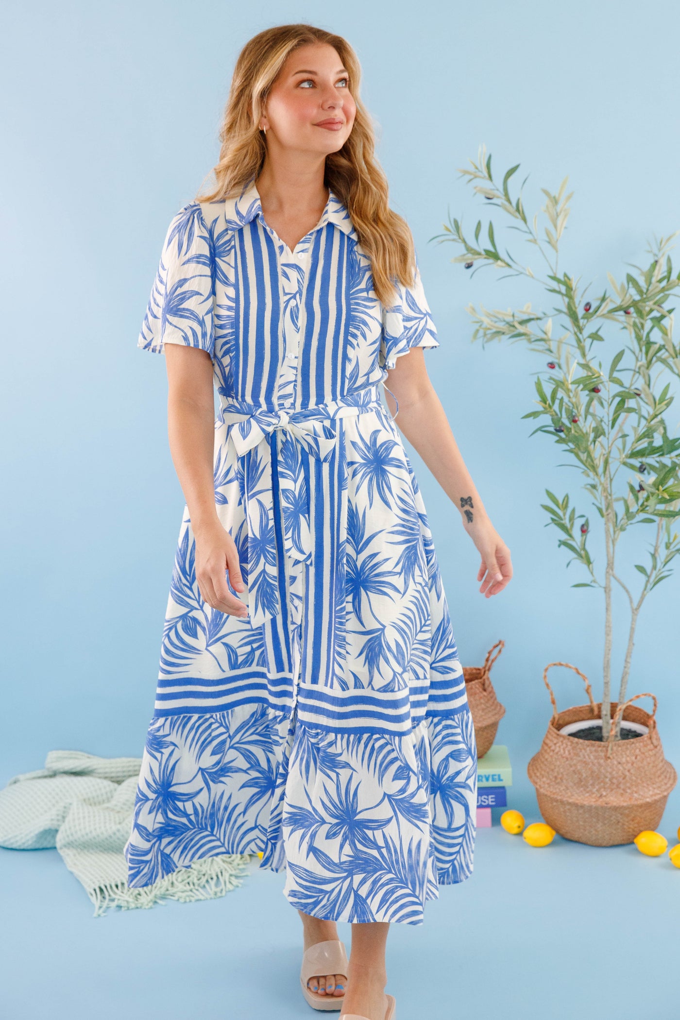 Blue Palm Print Midi Dress- Women's Vacation Dresses- Tropical Print Midi Dress Juliana's Boutique Blue Palm Print Midi Dress- Women's Vacation Dresses- Tropical Print Midi Dress Juliana's Boutique