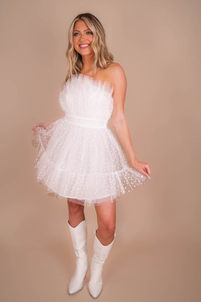 Women's White Tulle Dress- White Heart Tulle Dress- Women's White Mini Dress