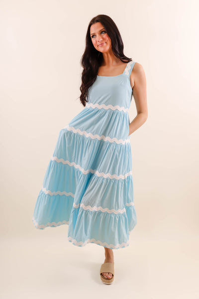 Tiered Ric-Rac Trim Maxi Dress- Women's Bright Blue Maxi- &Merci Maxi Dress