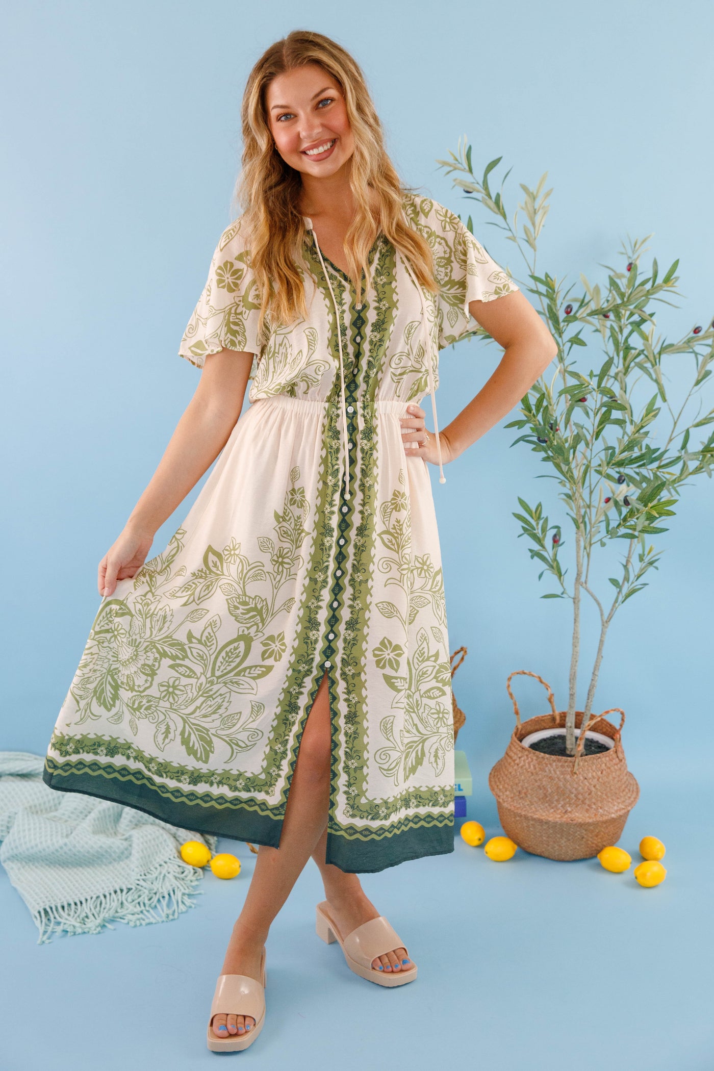 Women's Neutral Boho Dress- Women's Lightweight Summer Dress- Skies Are Blue Midi Dress