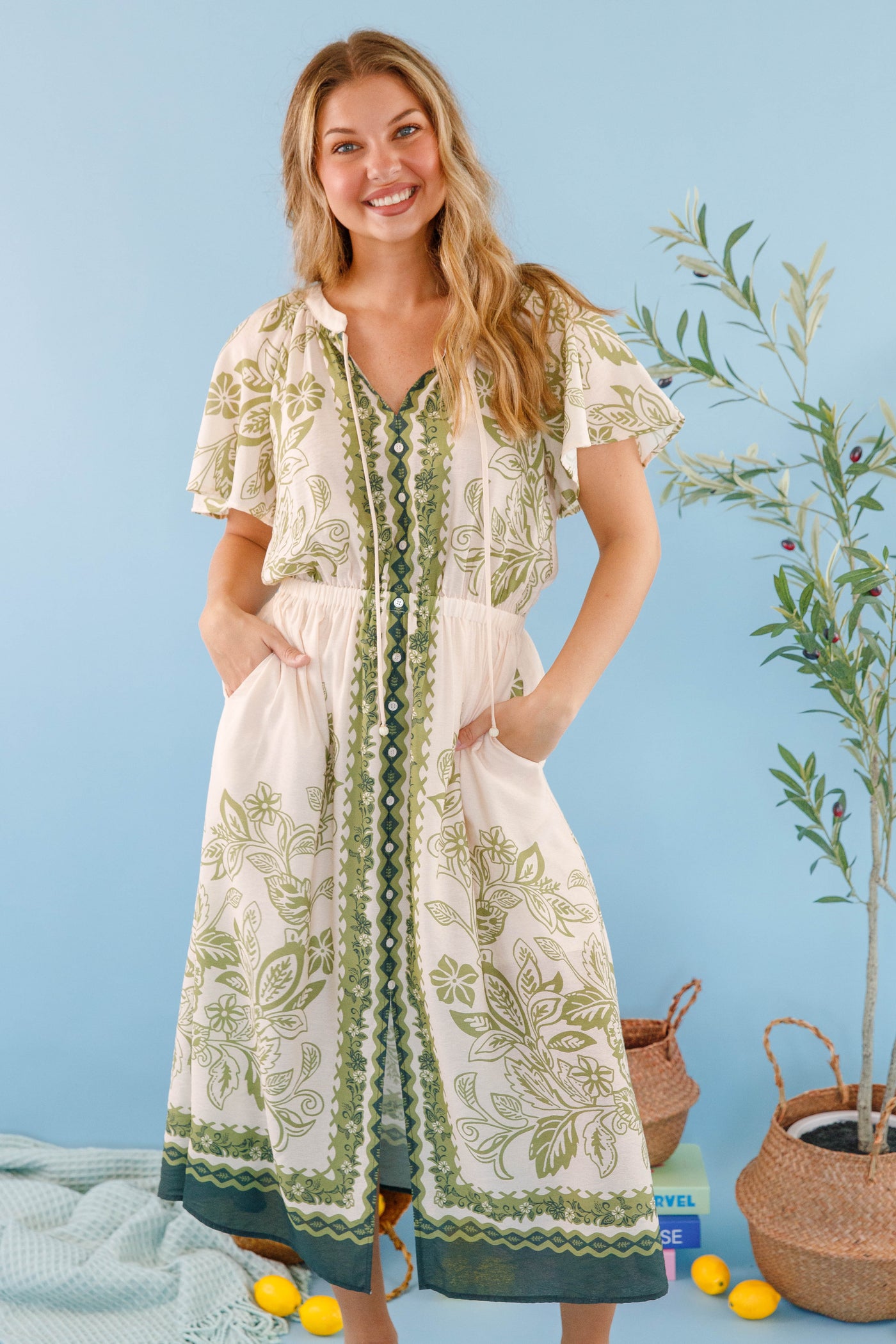 Women's Neutral Boho Dress- Women's Lightweight Summer Dress- Skies Are Blue Midi Dress
