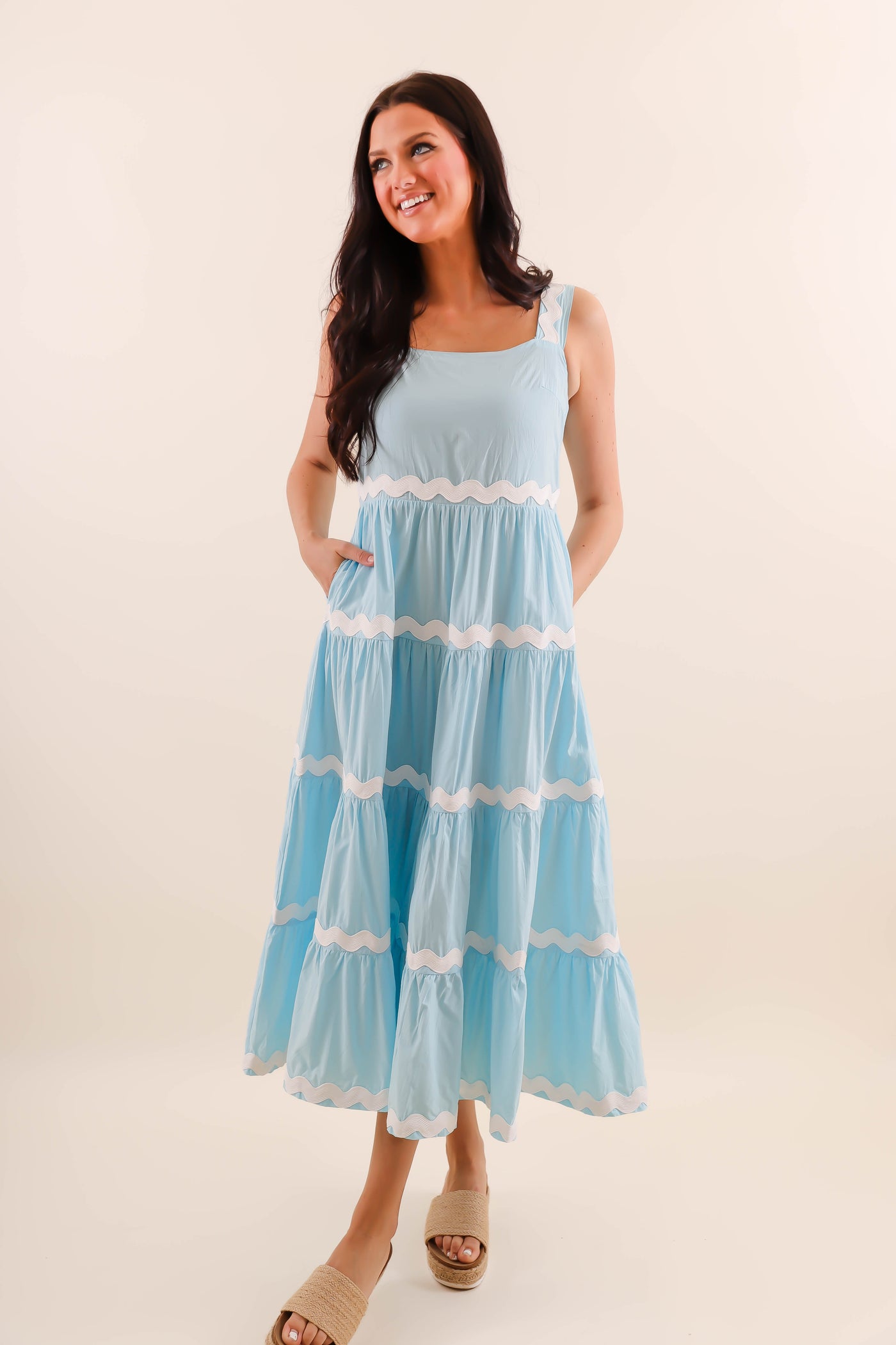 Tiered Ric-Rac Trim Maxi Dress- Women's Bright Blue Maxi- &Merci Maxi Dress