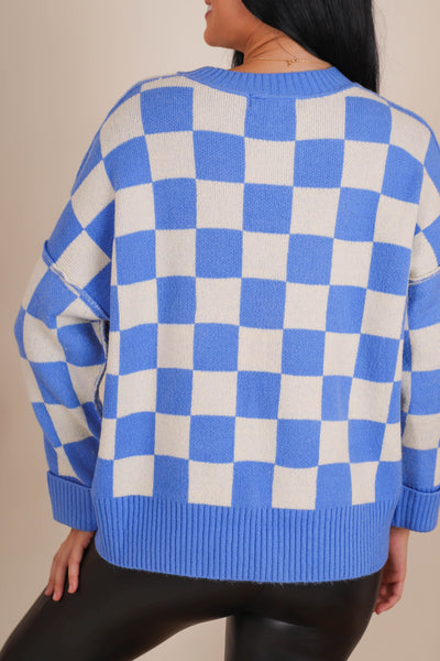 Women's Trendy Sweaters- Women's Blue and White Check Sweater- Women's Oversized Knit Sweater