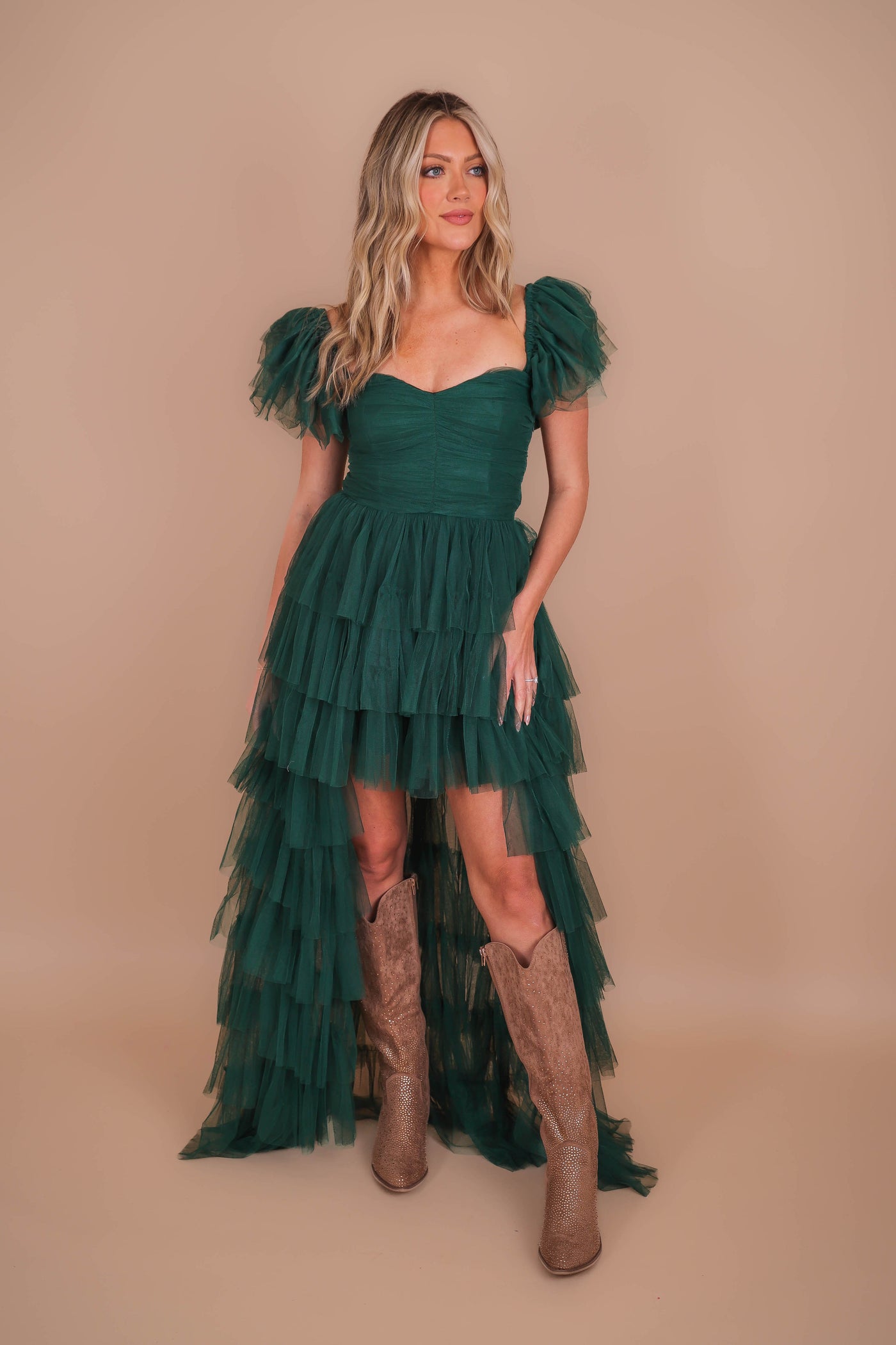 Women's Tulle Gown- Women's Green Tulle Maxi Dress- Luxxel Tulle Off The Shoulder Maxi 