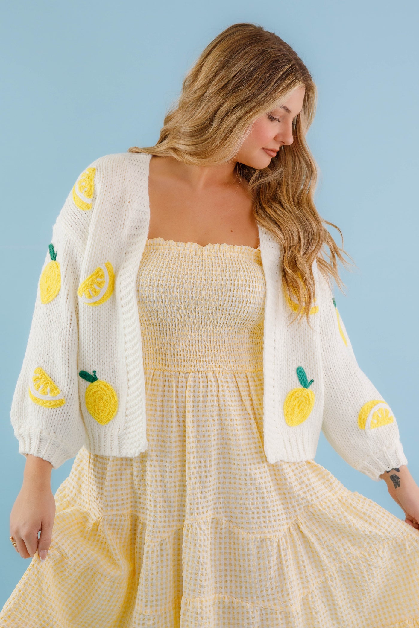 Embroidered Lemon Cardigan- Women's Lemon Fruit Sweater- Preppy Tops for Women