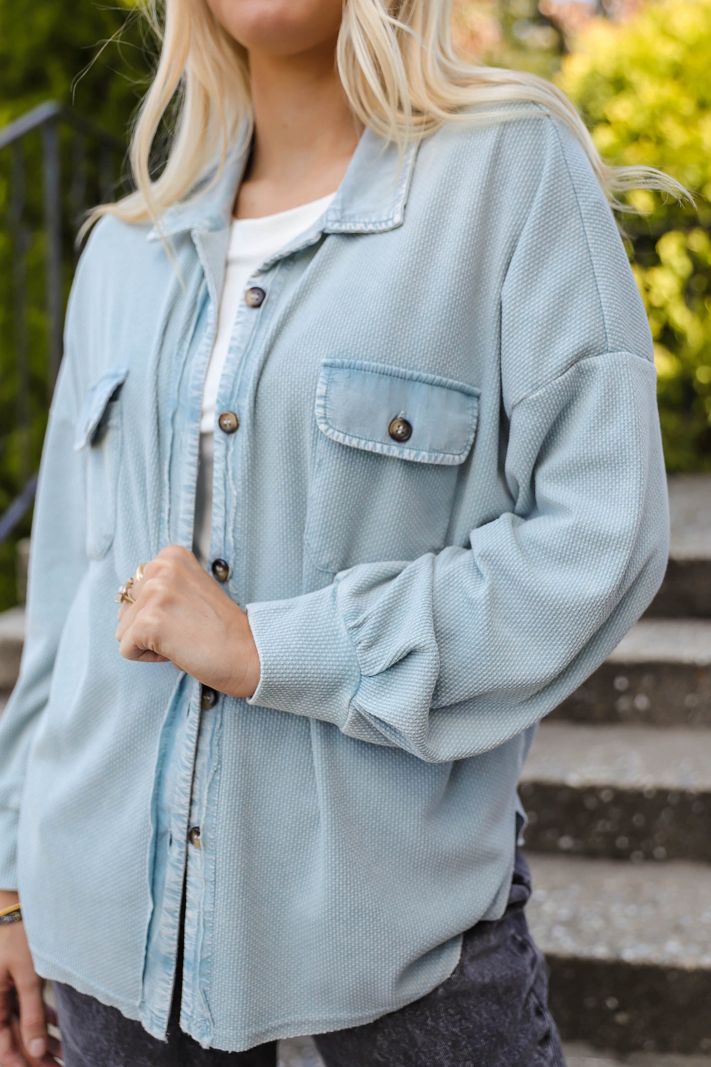 Soft Waffle Knit Top- Women's Distressed Button Down-Women's Light Weight Long Sleeve Top-Blue B Button Down