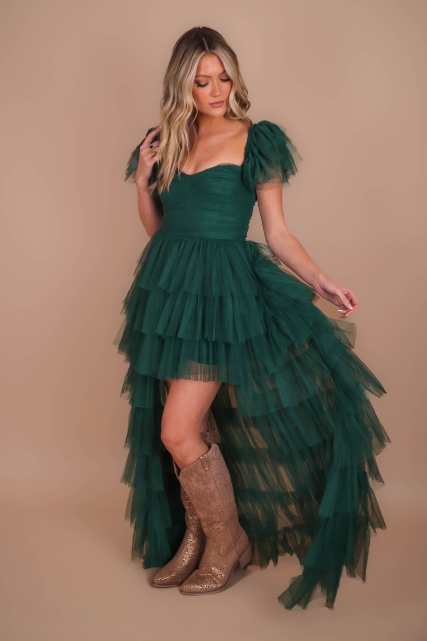 Women's Tulle Gown- Women's Green Tulle Maxi Dress- Luxxel Tulle Off The Shoulder Maxi 