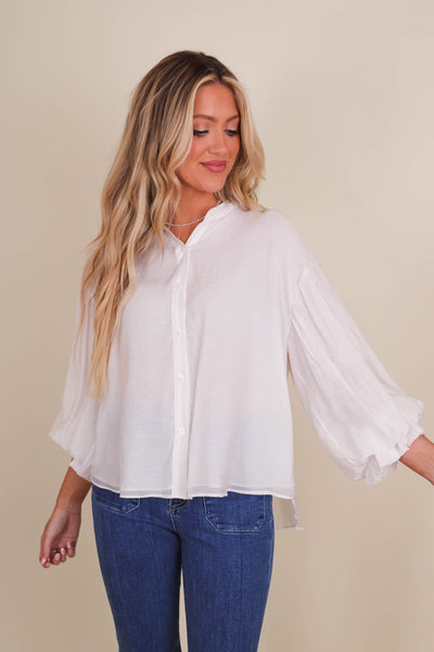 Puff Sleeve Button Down Blouse- Women's Preppy Tops- FATE Button Down Blouse