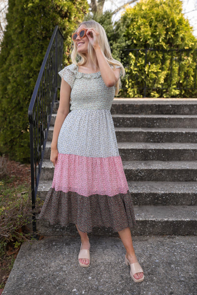 Women's Dainty Floral Print Dress- LoveShack Dress Dupe- Pretty Colorblock Floral Midi Dress