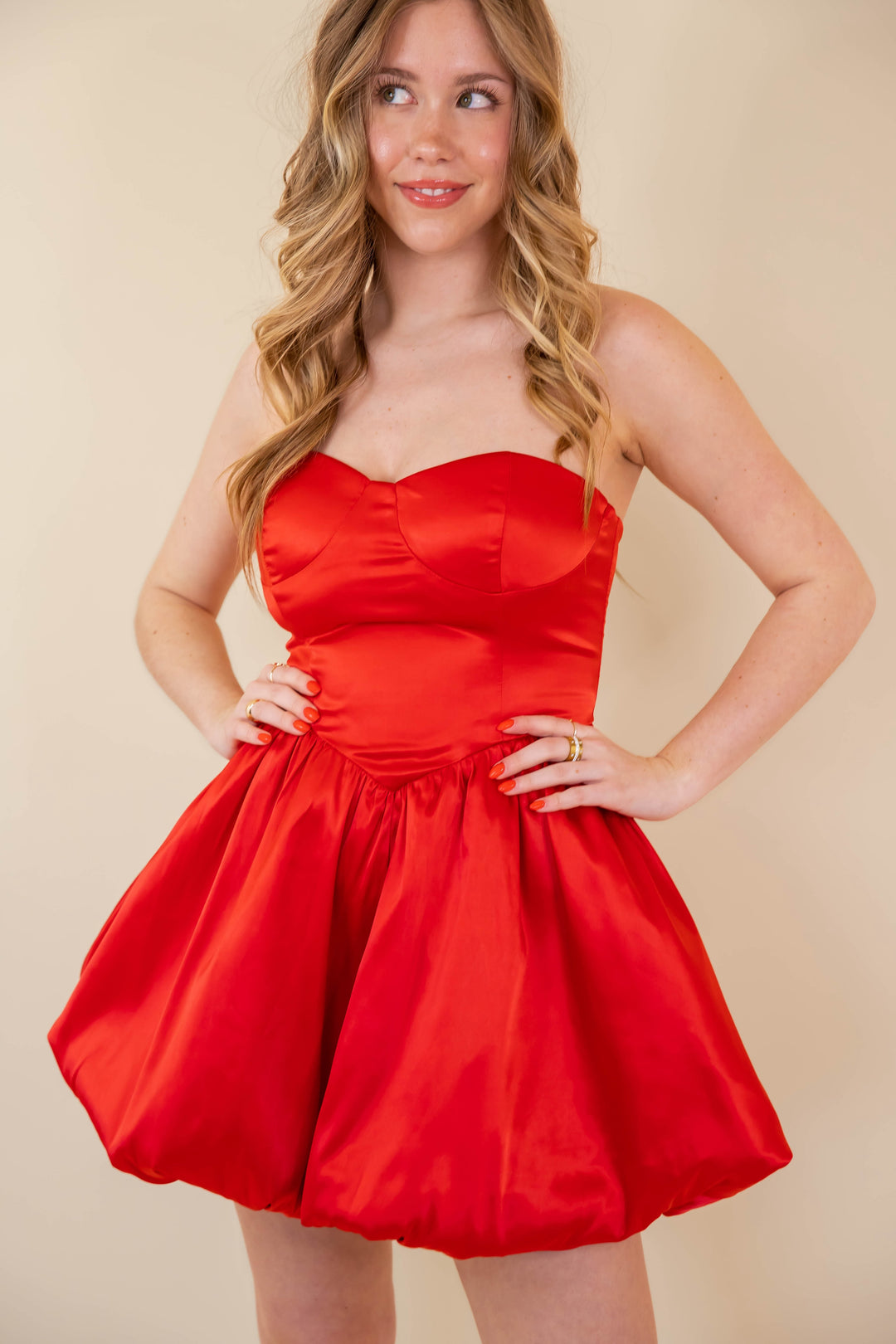Women's Red Satin Mini Dress- Women's Strapless Mini Bubble Dress- One & Only Dresses Medium