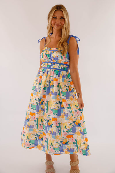 Women's Hibiscus and Citrus Print Midi Dress- Women's Cotton Midi Dress- Women's Vacation Dresses