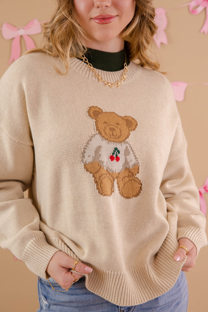 Women's Beige Teddy Bear Sweater- Women's Affordable Teddy Bear