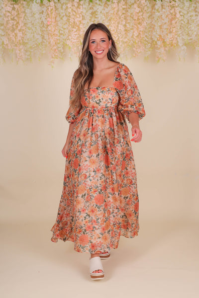 Women's Fall Floral Midi Dress- Beautiful Midi Dress- Storia Flower Dress