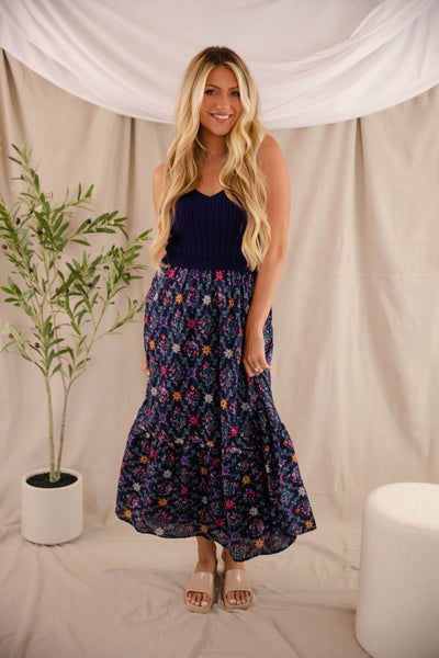 Floral Print Midi Dress- Navy Sweater Midi Dress- Skies Are Blue Dress