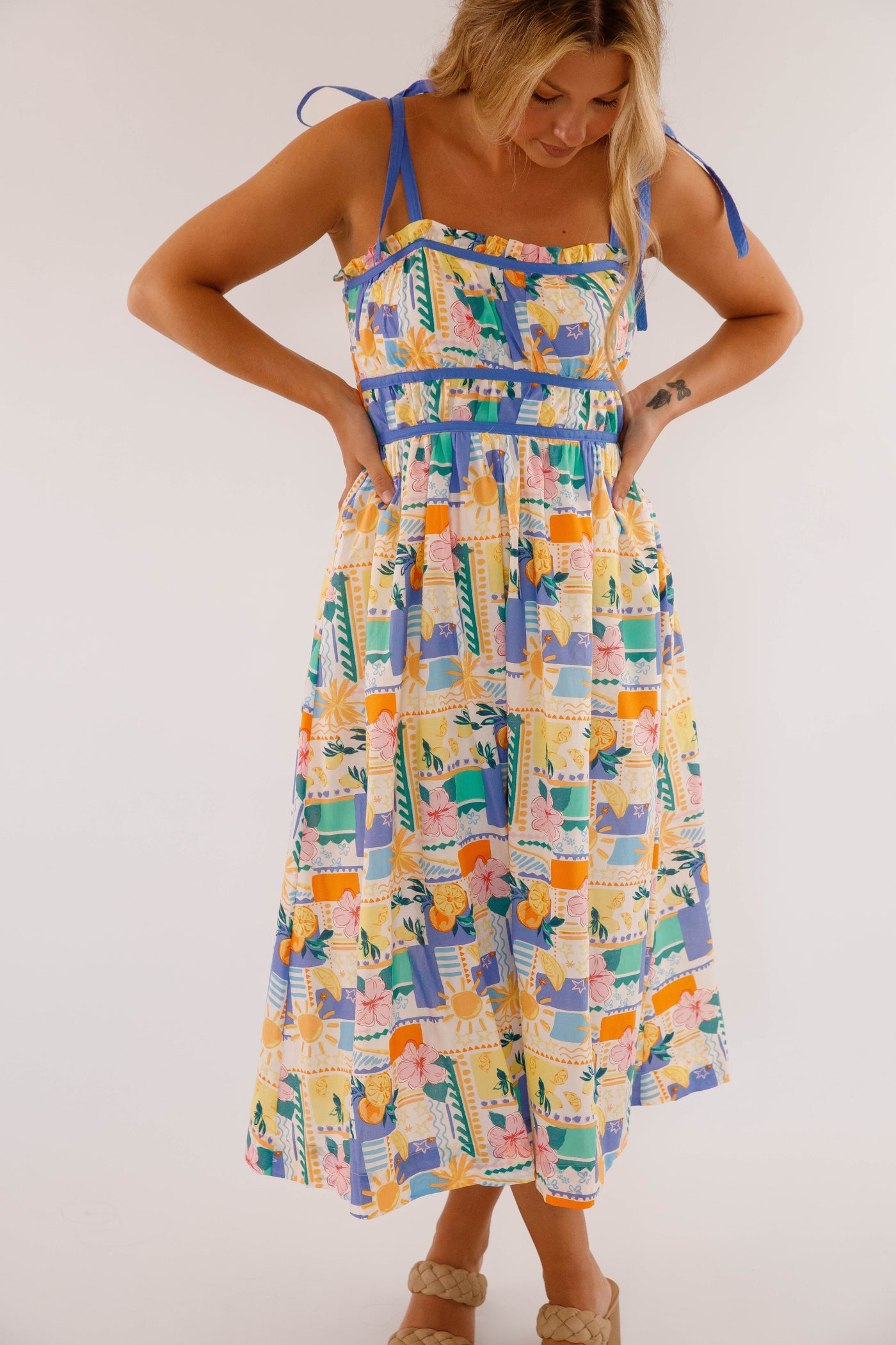 cotton vacation dresses Women's Hibiscus and Citrus Print Midi Dress- Women's Cotton Midi Dress- Women's Vacation Dresses – Juliana's Boutique
