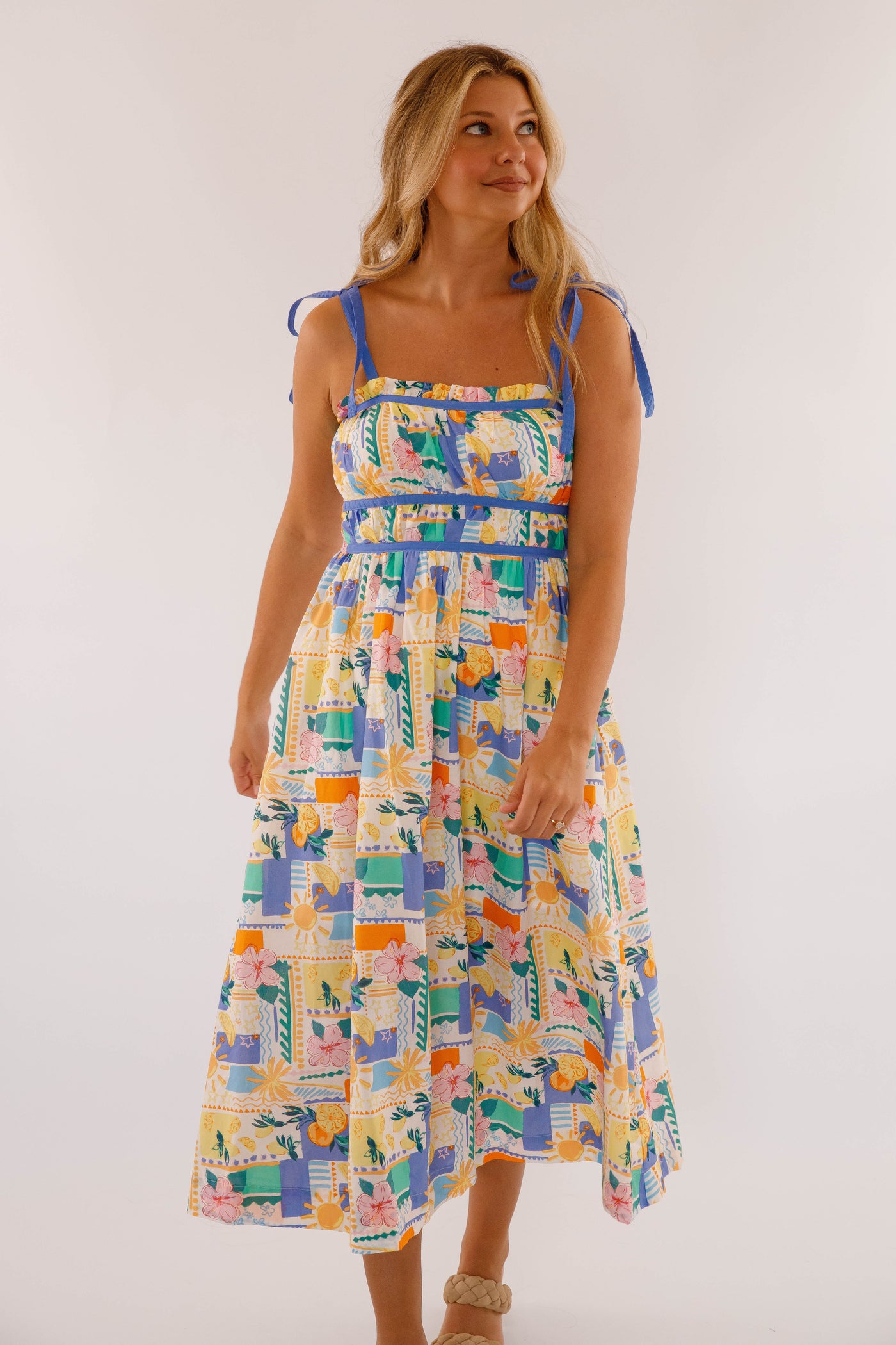Women's Hibiscus and Citrus Print Midi Dress- Women's Cotton Midi Dress- Women's Vacation Dresses