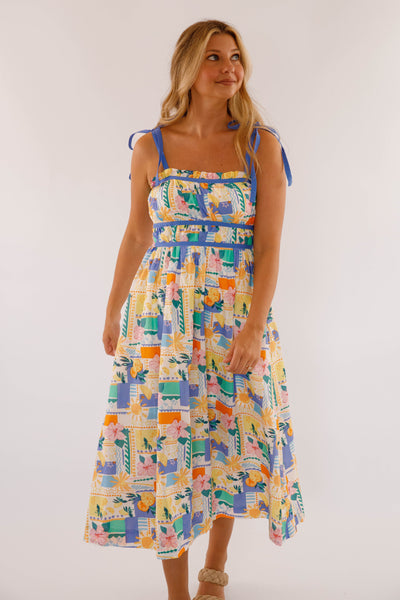 Women's Hibiscus and Citrus Print Midi Dress- Women's Cotton Midi Dress- Women's Vacation Dresses