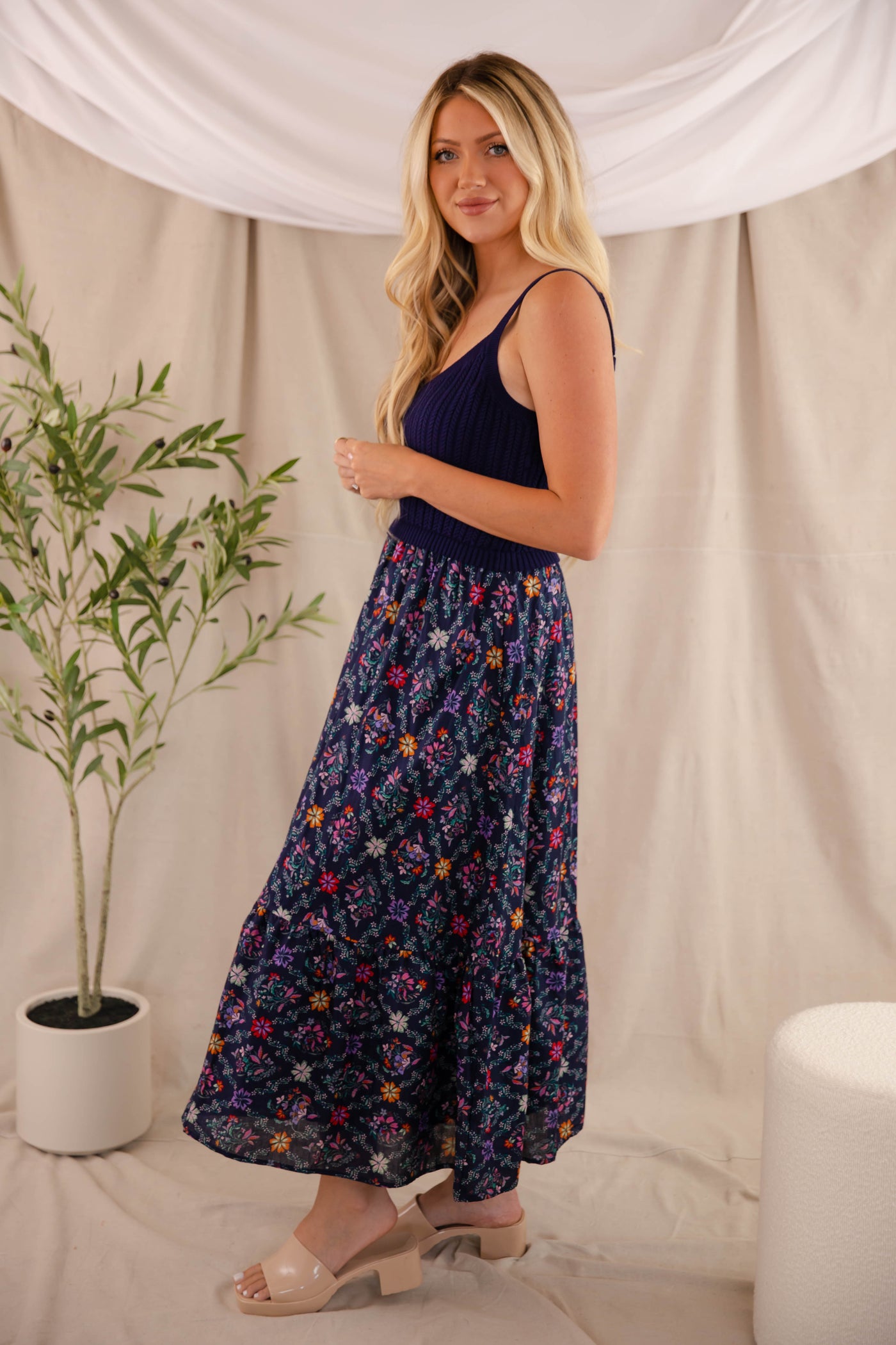 Floral Print Midi Dress- Navy Sweater Midi Dress- Skies Are Blue Dress