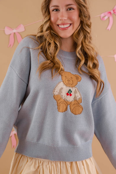 Women's Blue Teddy Bear Sweater- Women's Affordable Teddy Bear Knit Sweaters