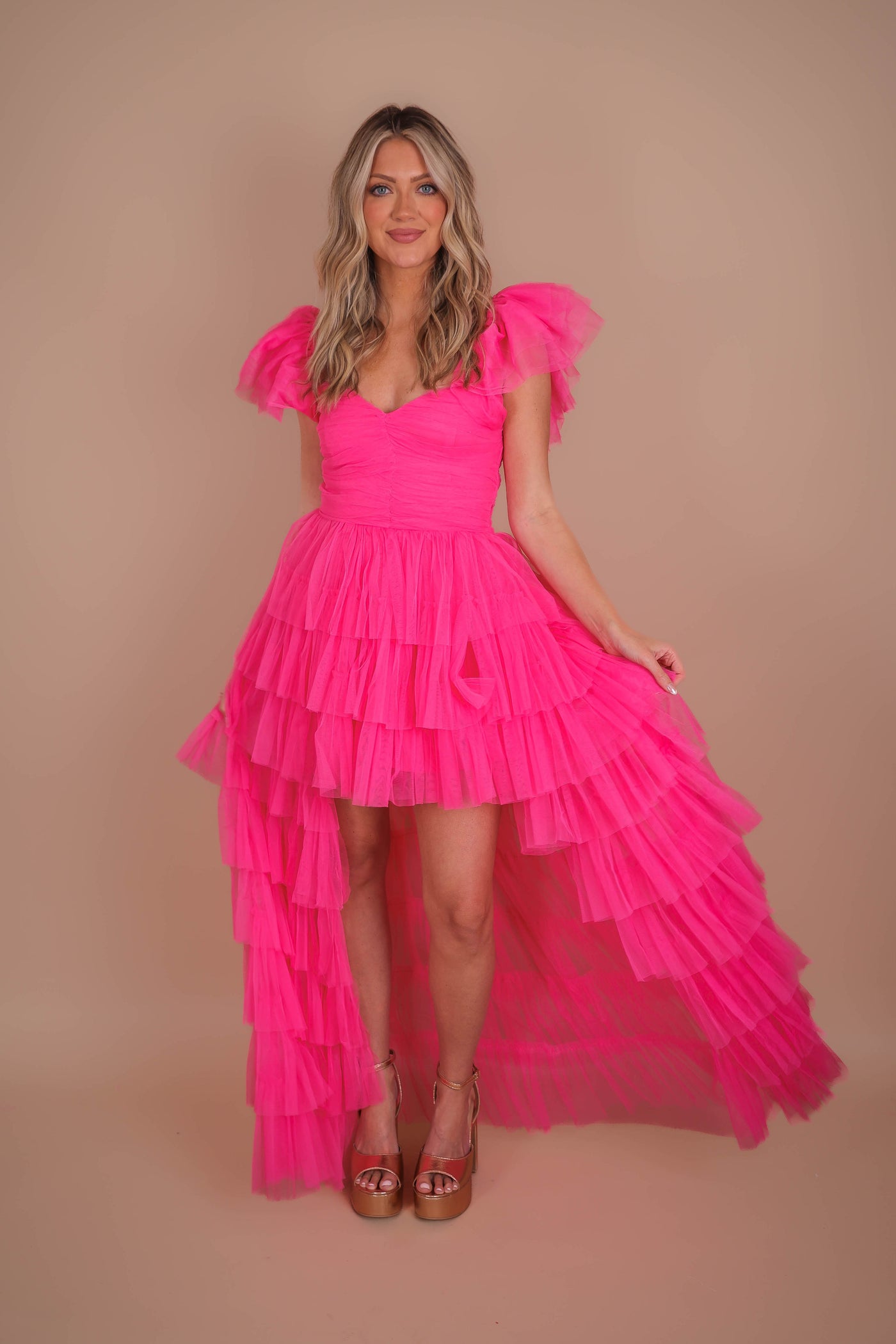 Women's Tulle Gown- Women's Hot Pink Tulle Maxi Dress- Luxxel Tulle Off The Shoulder Maxi 