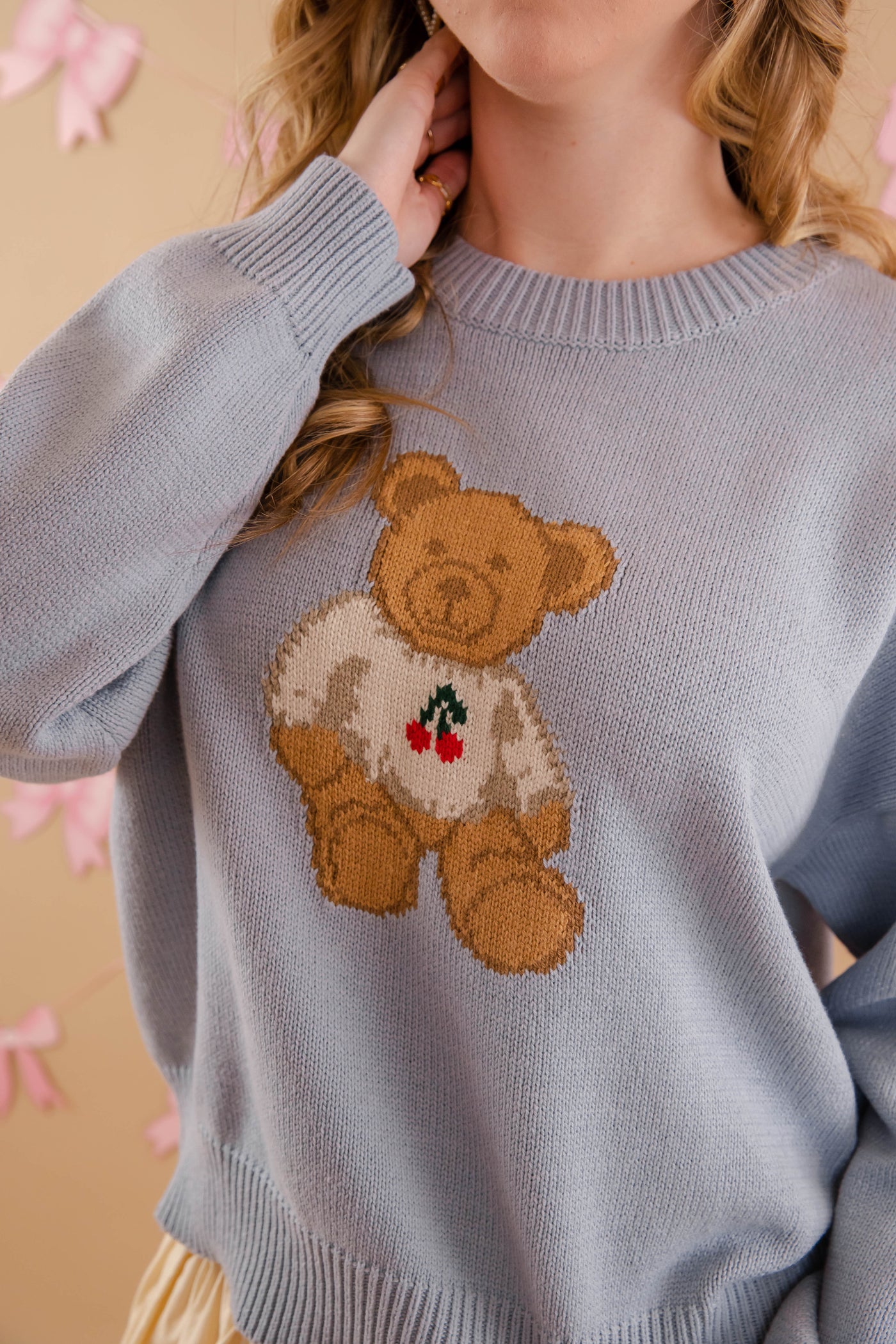 Women's Blue Teddy Bear Sweater- Women's Affordable Teddy Bear Knit Sweaters