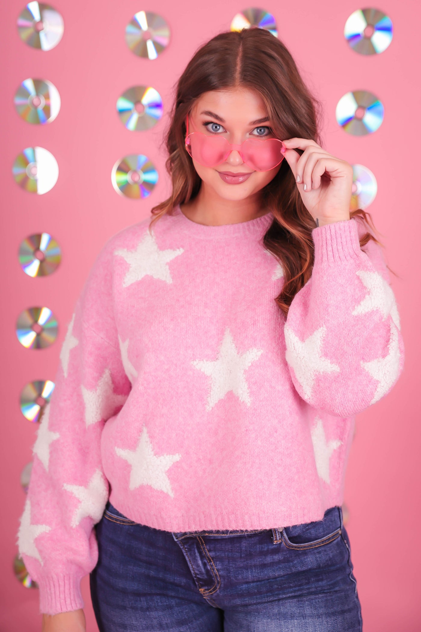 Women's Pink Star Sweater- Women's Fun Star Sweater- Cute Winter Sweaters