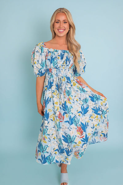 Women's Tropical Print Midi Dress- Women's Puff Sleeve Midi Dress- &Merci Printed Dresses