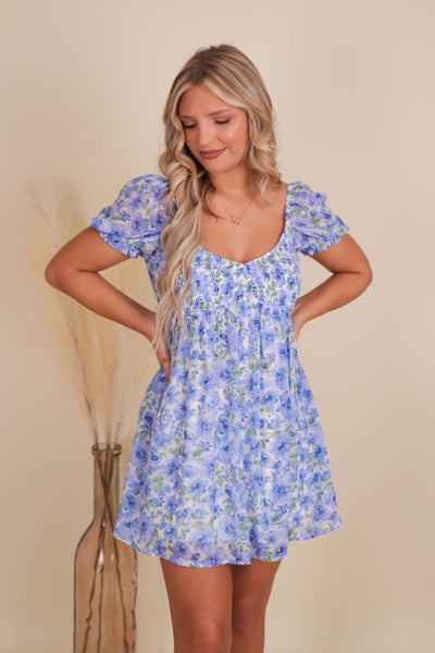 Trendy Blue Mini Dress- Sweet Floral Dress- Lovely Day Blue Dress