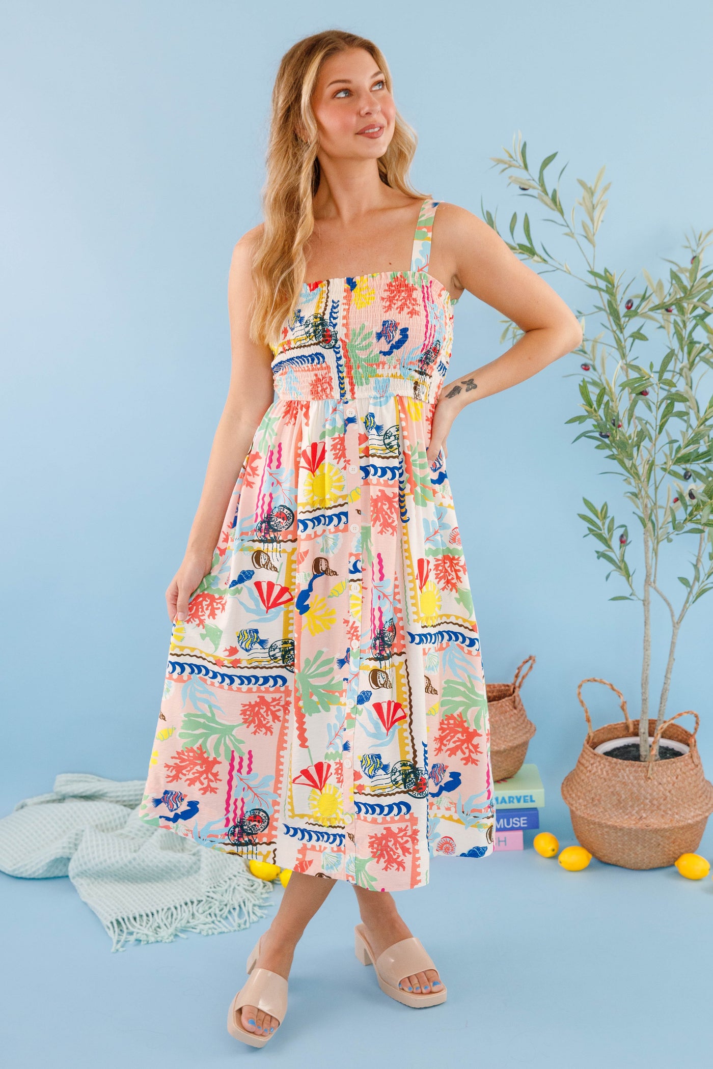 Vibrant Beach Print Dress- Women's Vacation Dress- Umgee Beach Dress
