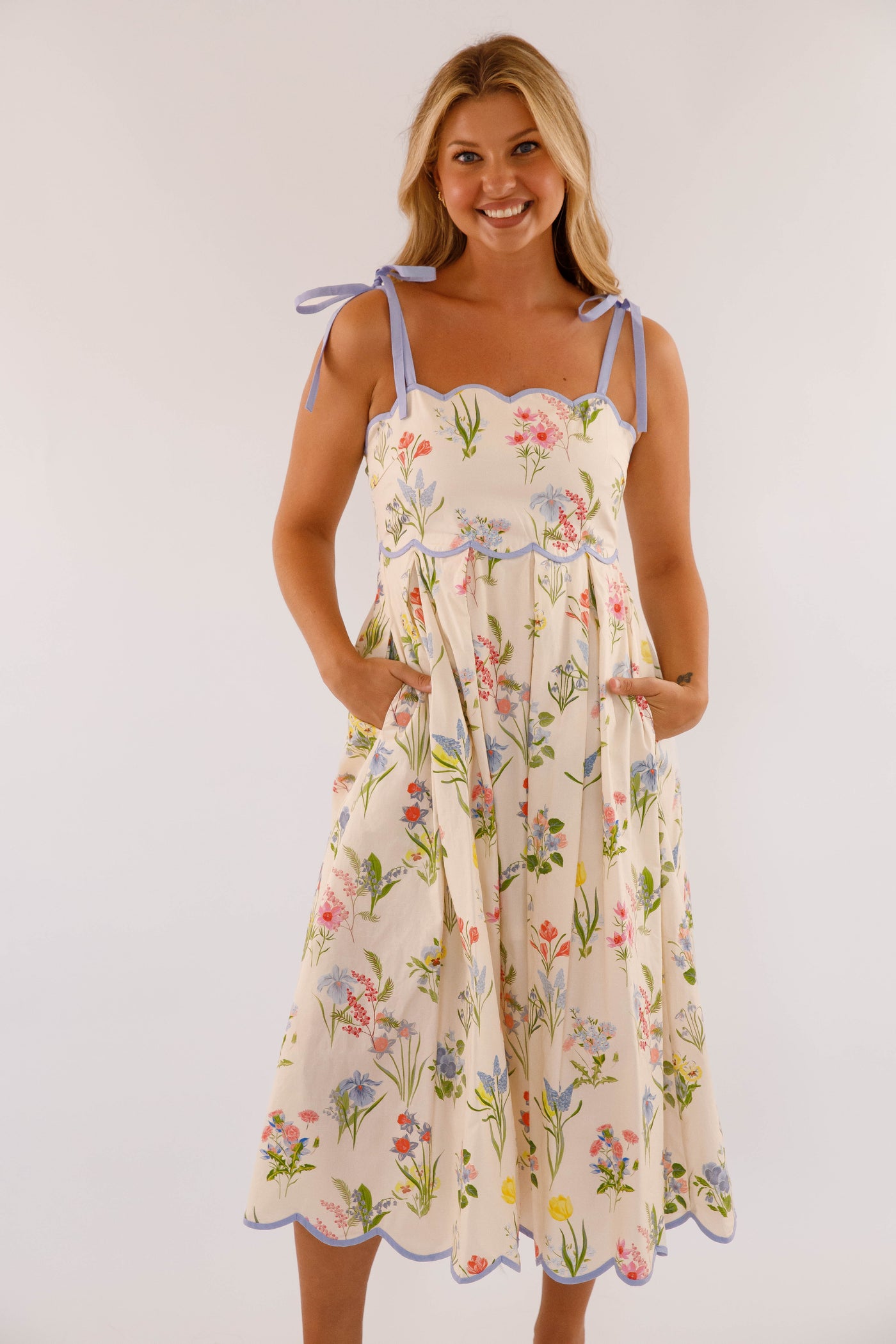 Women's Cotton Midi Dress- Ivory Floral Print Scallop Hem Dress- Women's Midi Dresses