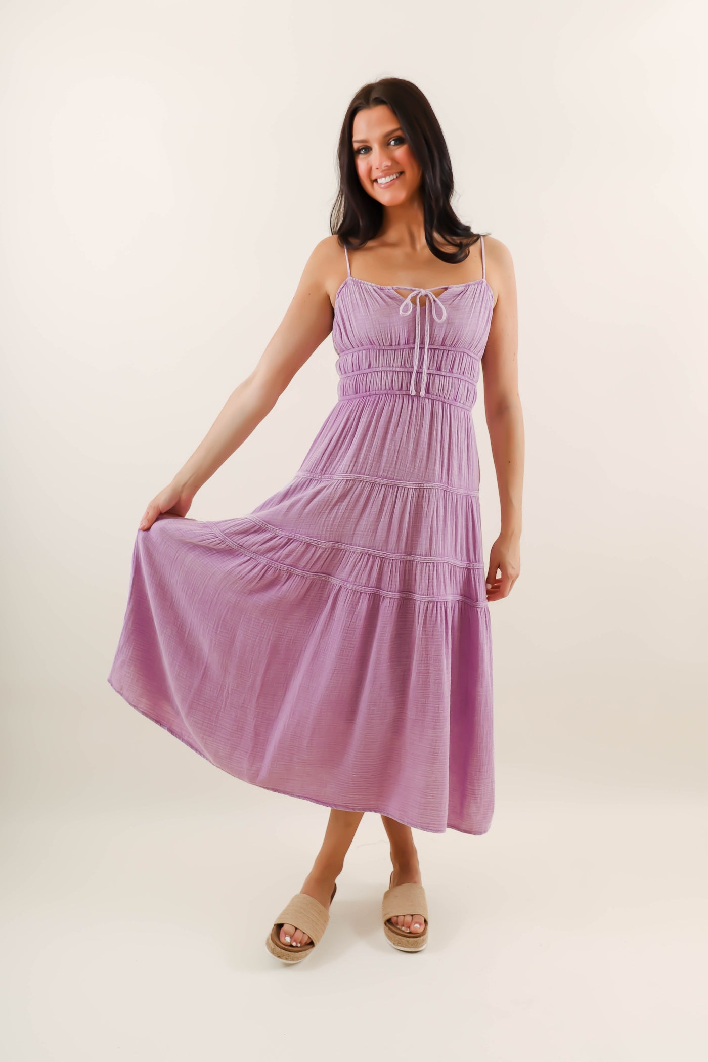 Purple Mineral Wash Midi Dress- Comfortable Cotton Gauzy Dress- She + Sky Mineral Wash Dress