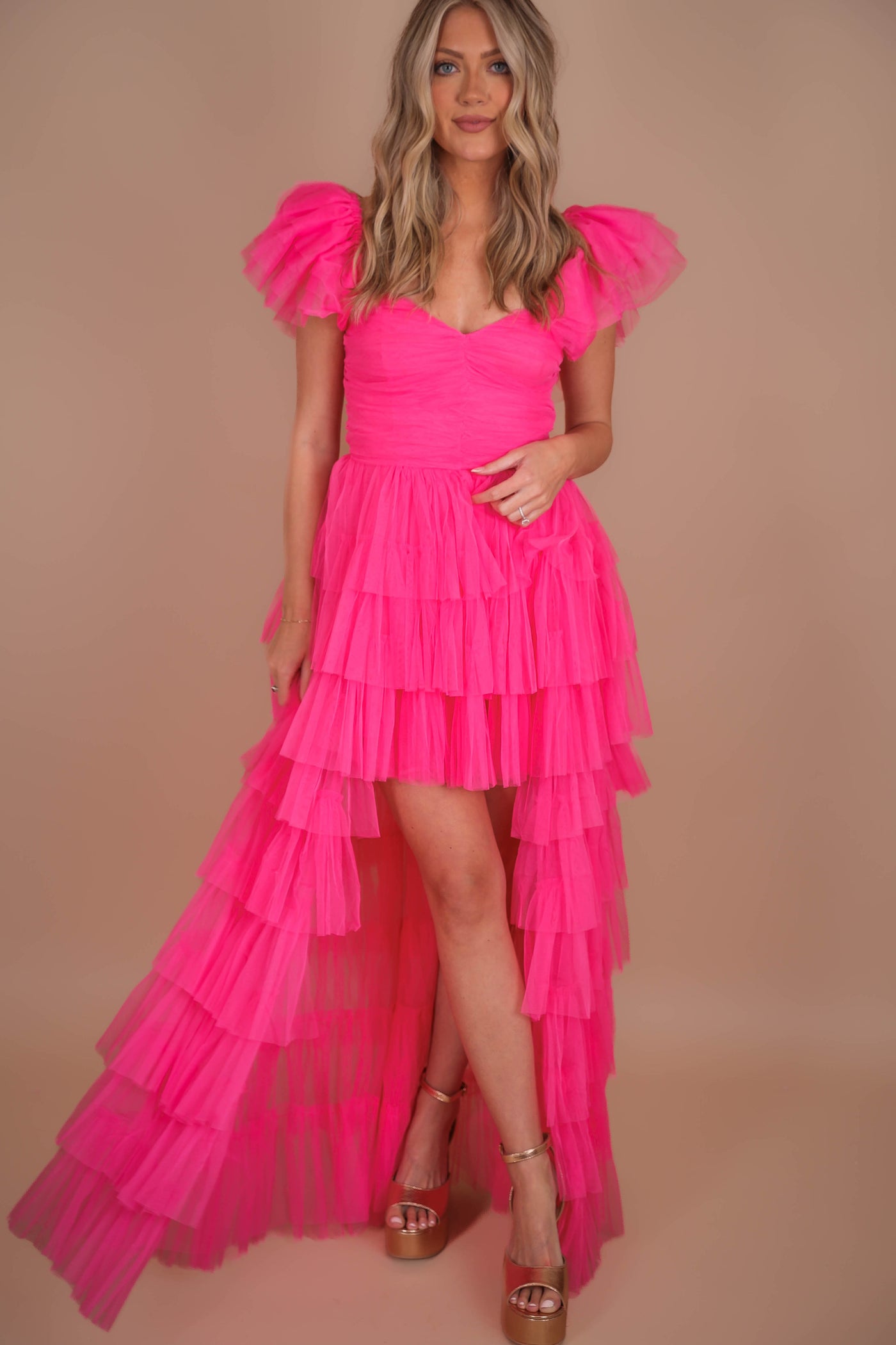 Women's Tulle Gown- Women's Hot Pink Tulle Maxi Dress- Luxxel Tulle Off The Shoulder Maxi 