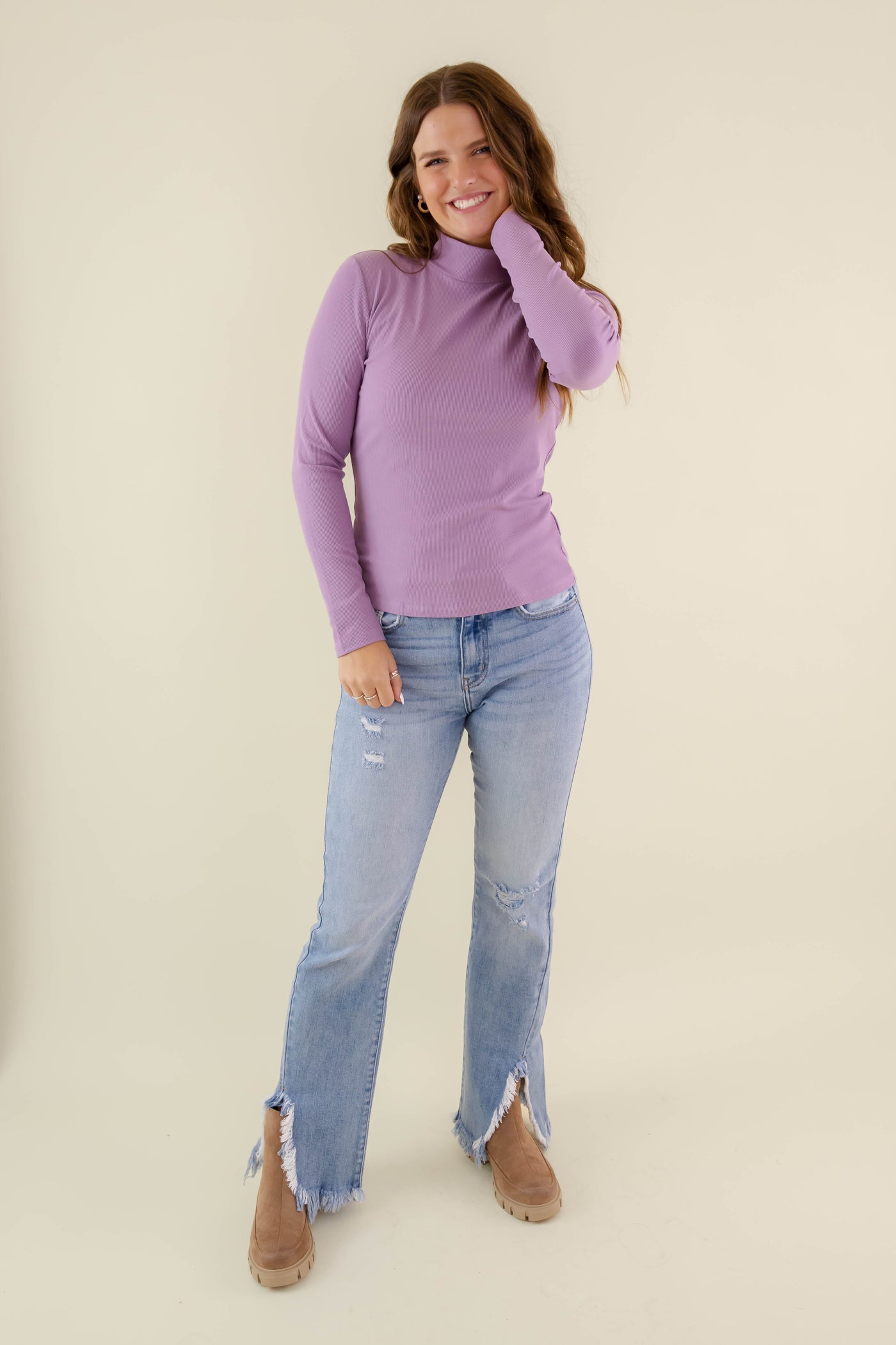 Women's Purple Ribbed Top- Women's Layering Tops- Mittoshop Mock Neck Top