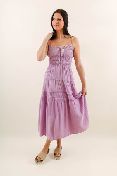 Purple Mineral Wash Midi Dress- Comfortable Cotton Gauzy Dress- She + Sky Mineral Wash Dress