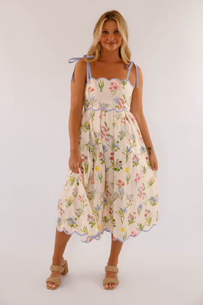 Women's Cotton Midi Dress- Ivory Floral Print Scallop Hem Dress- Women's Midi Dresses