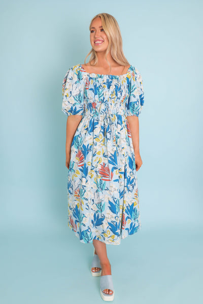 Women's Tropical Print Midi Dress- Women's Puff Sleeve Midi Dress- &Merci Printed Dresses