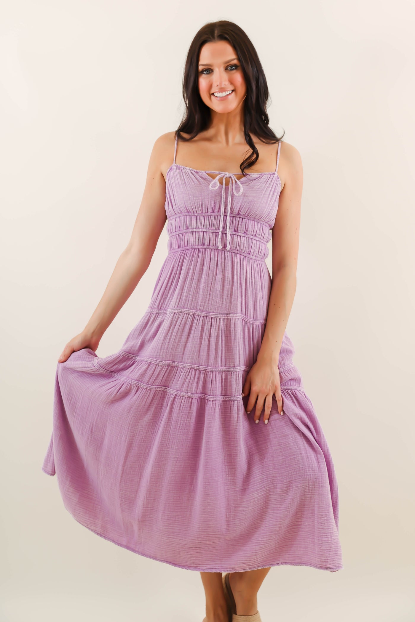 Purple Mineral Wash Midi Dress- Comfortable Cotton Gauzy Dress- She + Sky Mineral Wash Dress