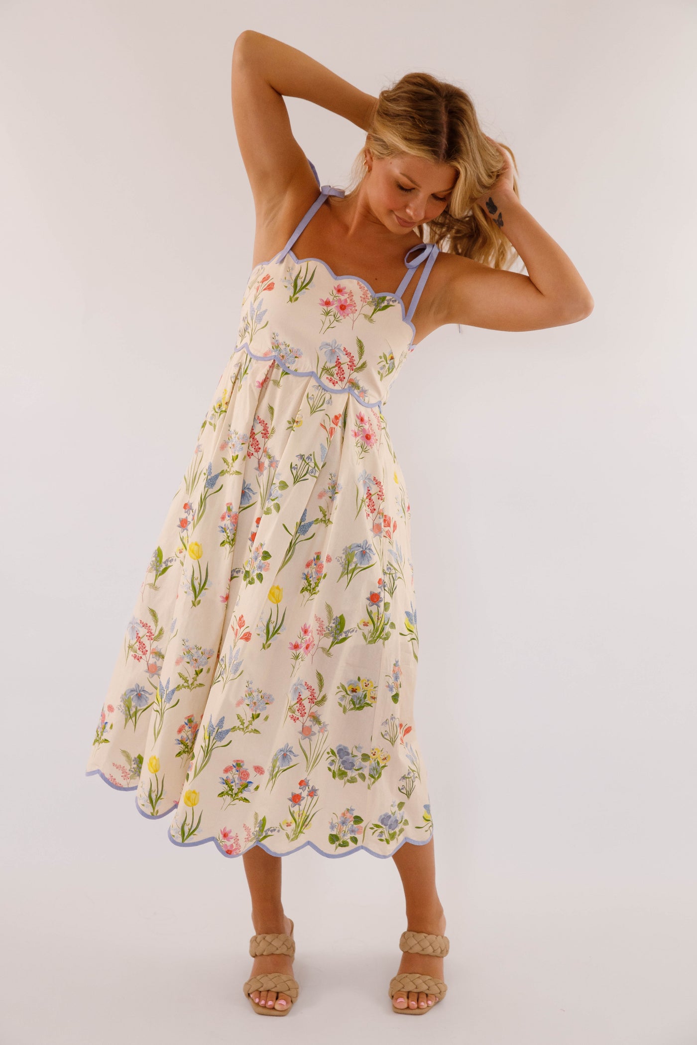 Women's Cotton Midi Dress- Ivory Floral Print Scallop Hem Dress- Women's Midi Dresses