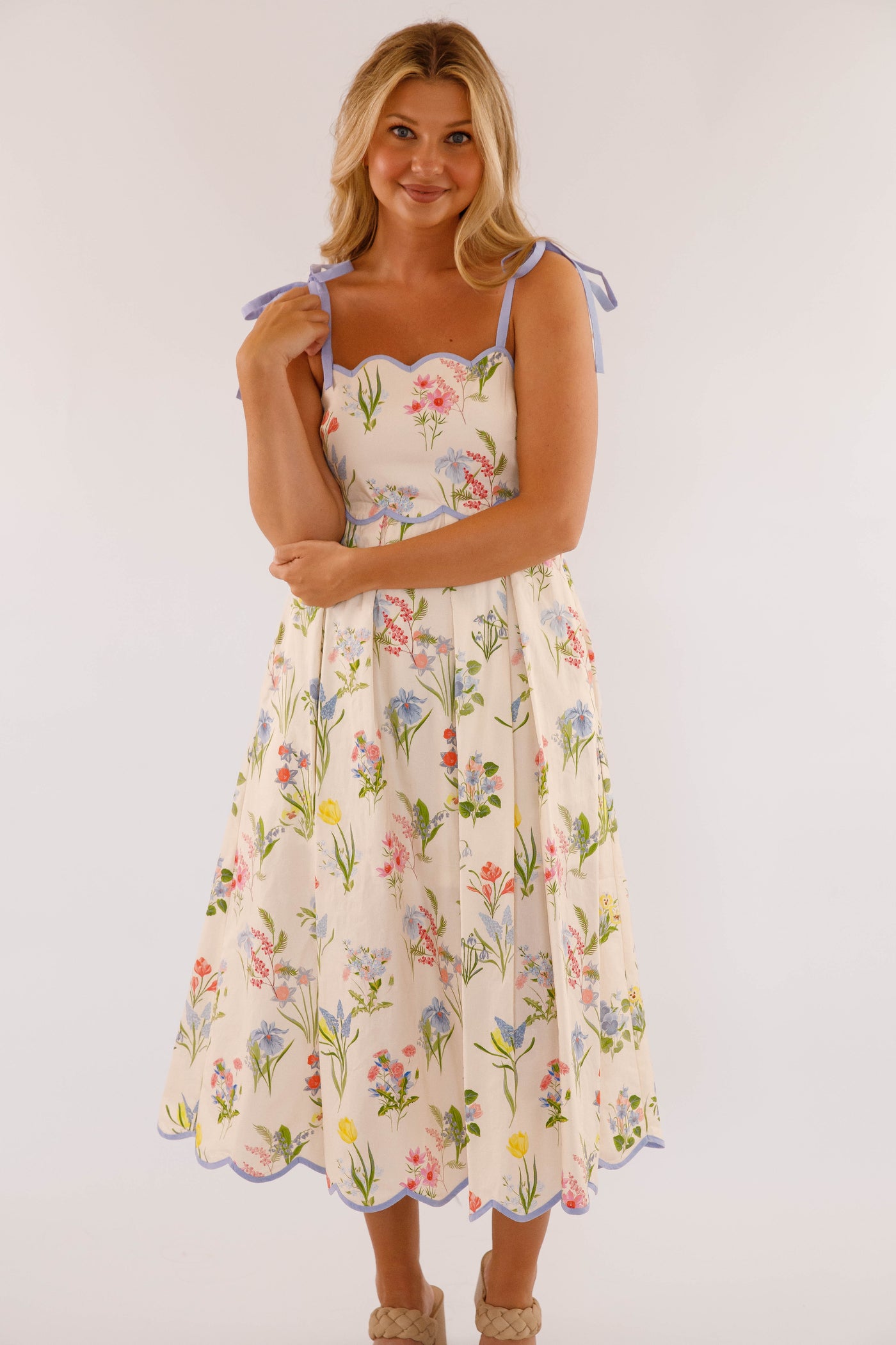 Women's Cotton Midi Dress- Ivory Floral Print Scallop Hem Dress- Women's Midi Dresses