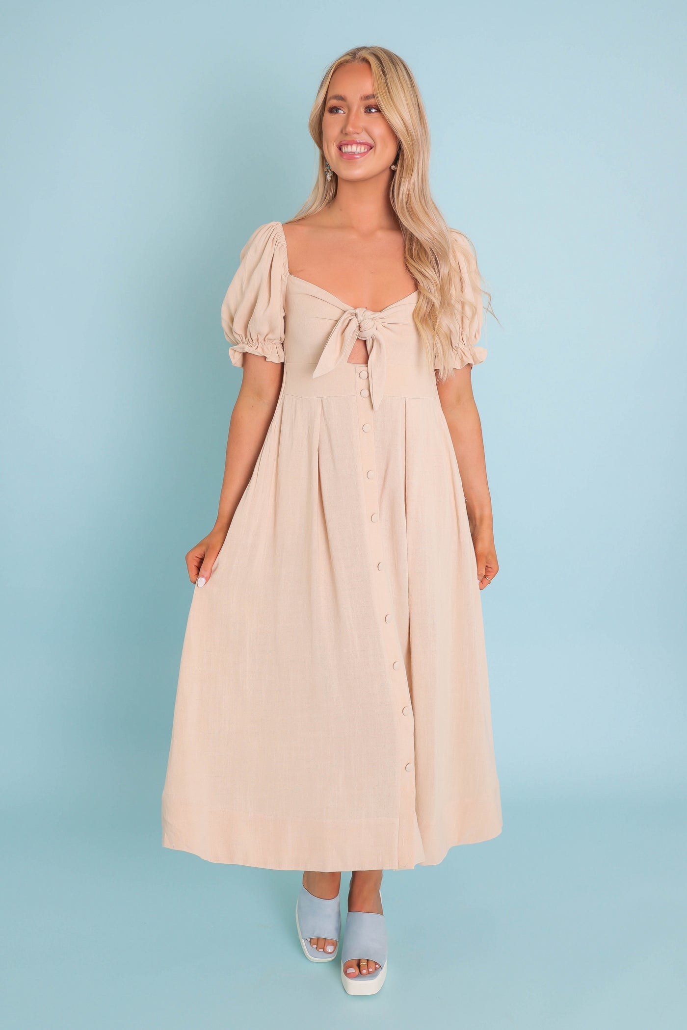 Women's Beige Linen Midi Dress- Pretty Summer Linen Dress- Mable Midi Dresses