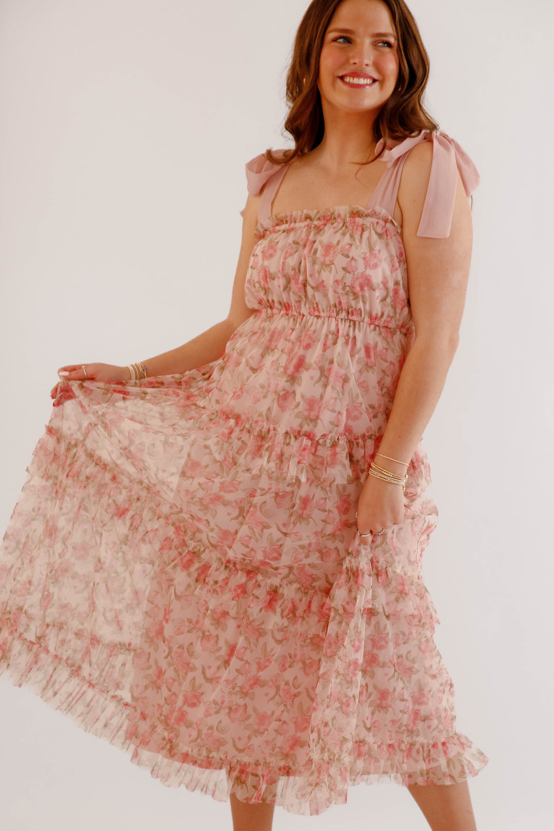 Floral Print Tulle Midi Dress- Women's Pink Tulle Dress- BluPepper