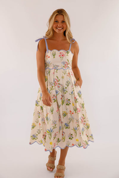 Women's Cotton Midi Dress- Ivory Floral Print Scallop Hem Dress- Women's Midi Dresses