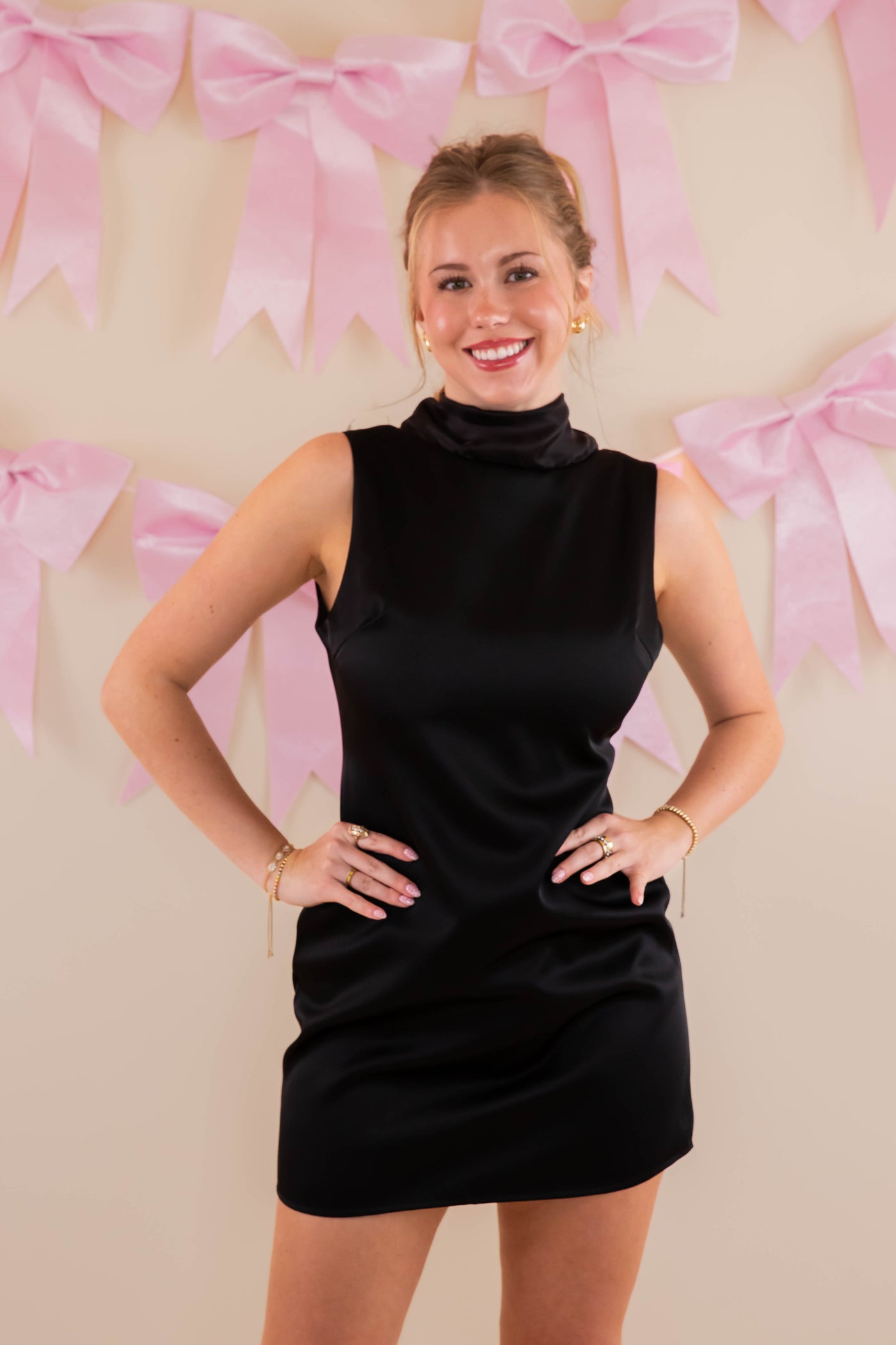 Little Black Dress- Satin Black Dress With Bow- B. Right Black Dress