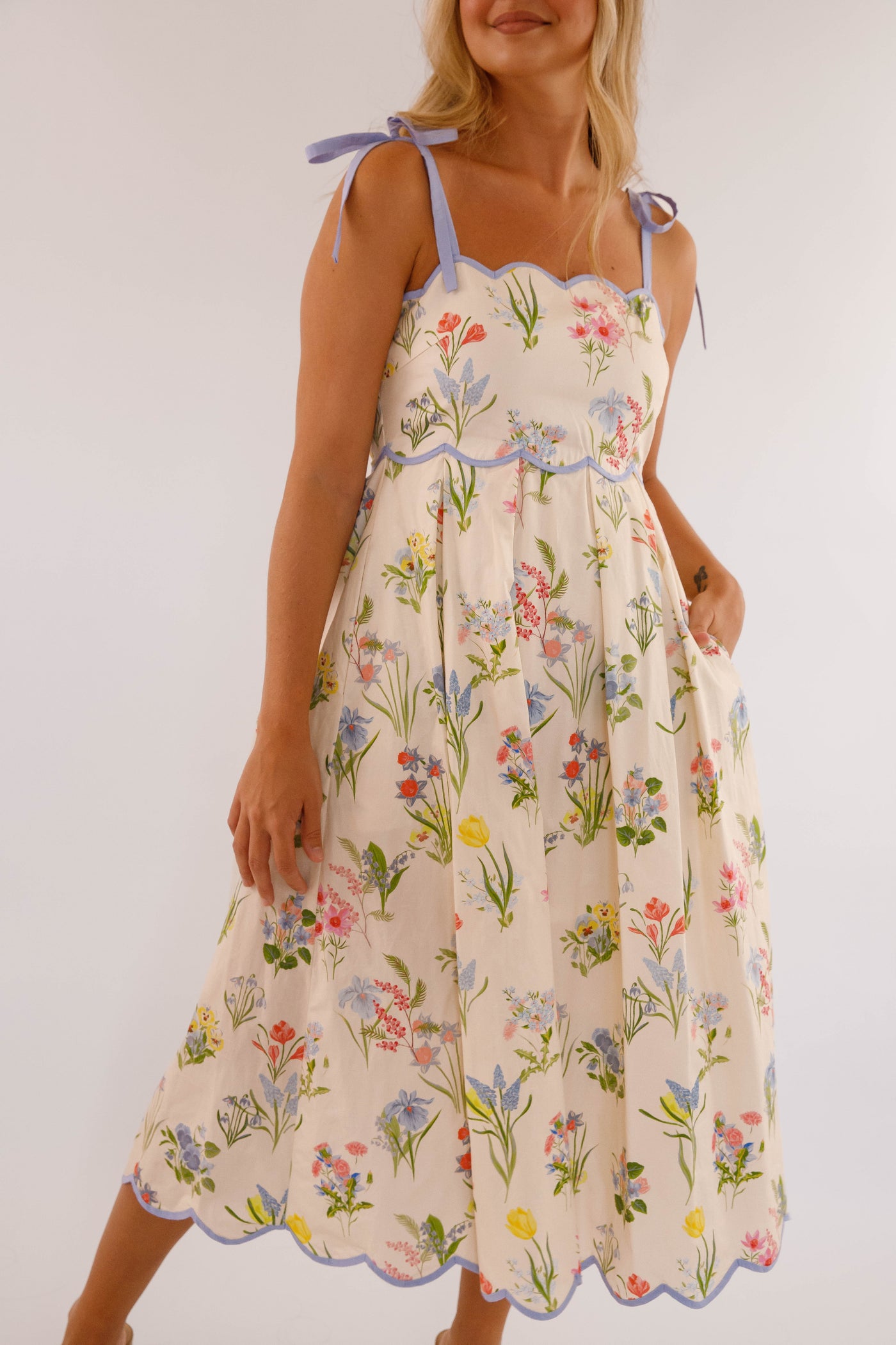 Women's Cotton Midi Dress- Ivory Floral Print Scallop Hem Dress- Women's Midi Dresses