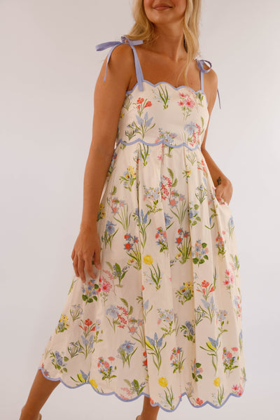 Women's Cotton Midi Dress- Ivory Floral Print Scallop Hem Dress- Women's Midi Dresses