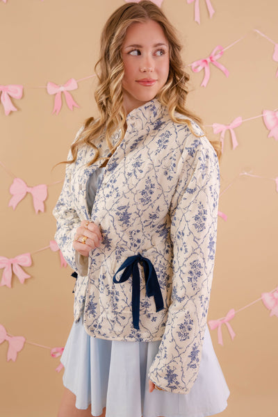 Cream and Blue Floral Pattern Jacket- Women's Trendy Quilted Jacket