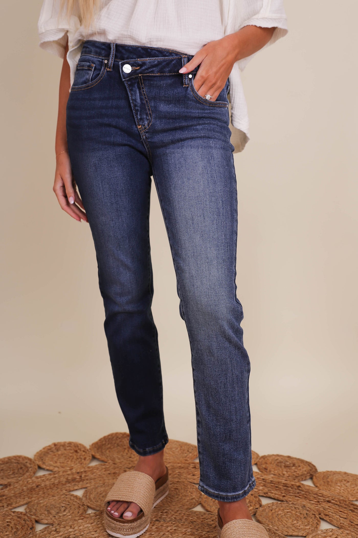 Crisscross Waist Jeans- Women's Dark Wash Skinny Jeans- Risen Jeans