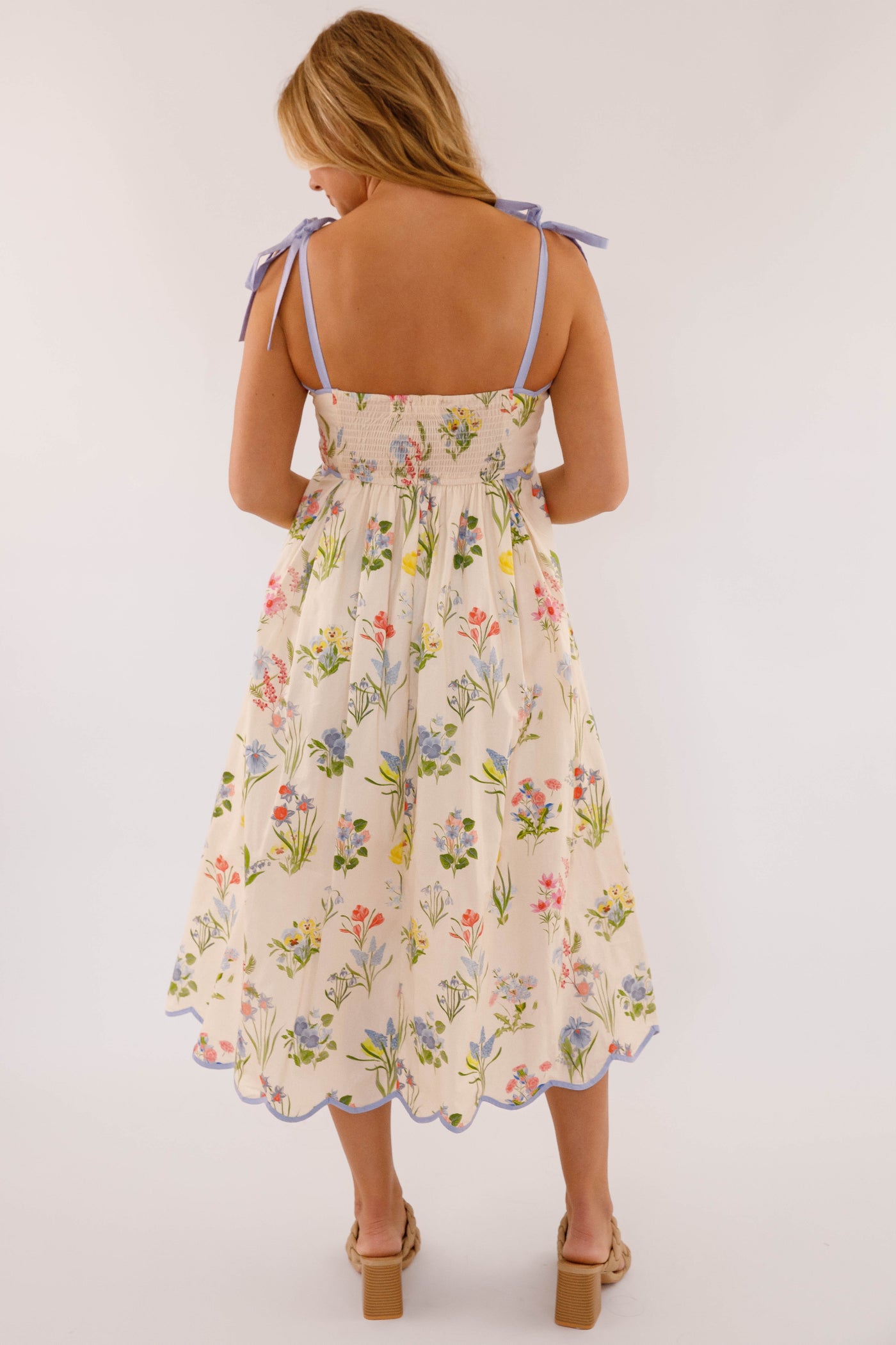 Women's Cotton Midi Dress- Ivory Floral Print Scallop Hem Dress- Women's Midi Dresses