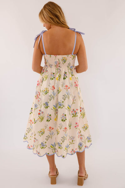 Women's Cotton Midi Dress- Ivory Floral Print Scallop Hem Dress- Women's Midi Dresses